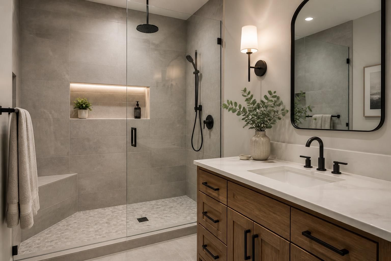 Finished bathroom remodel with walk-in shower and modern vanity.