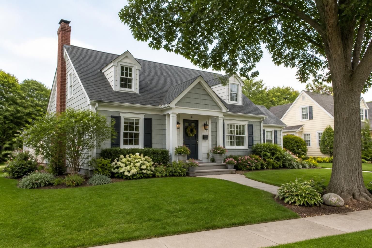 Well-kept small-town home with green lawn and soft daylight.