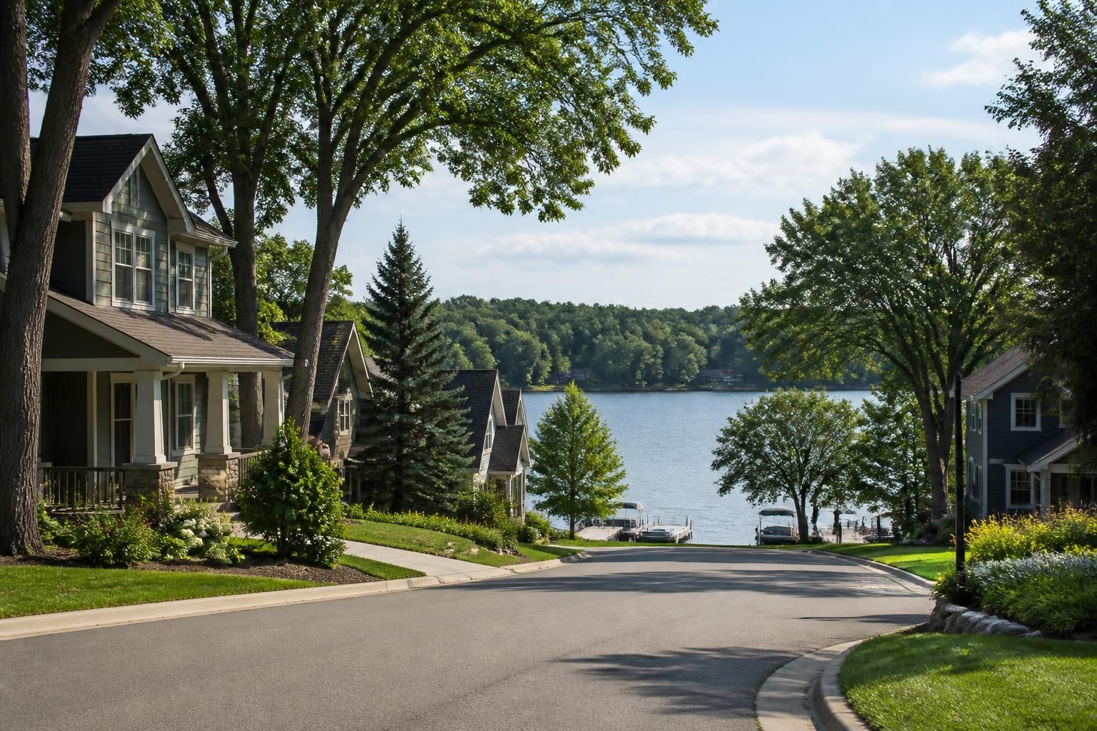 Welcoming lakeside neighborhood with well-kept homes and mature trees.