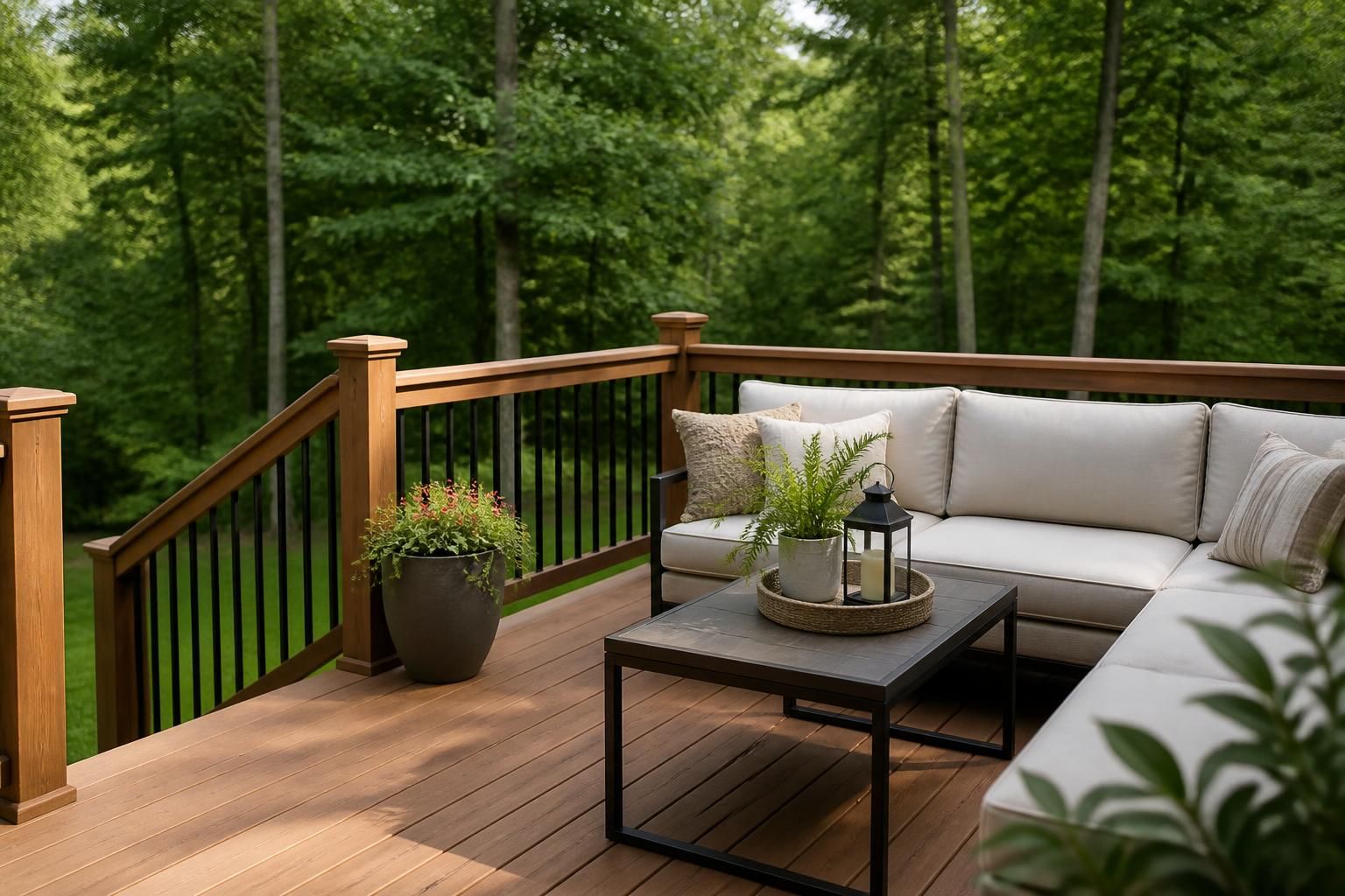 Finished backyard deck with clean railings and natural wood tones.
