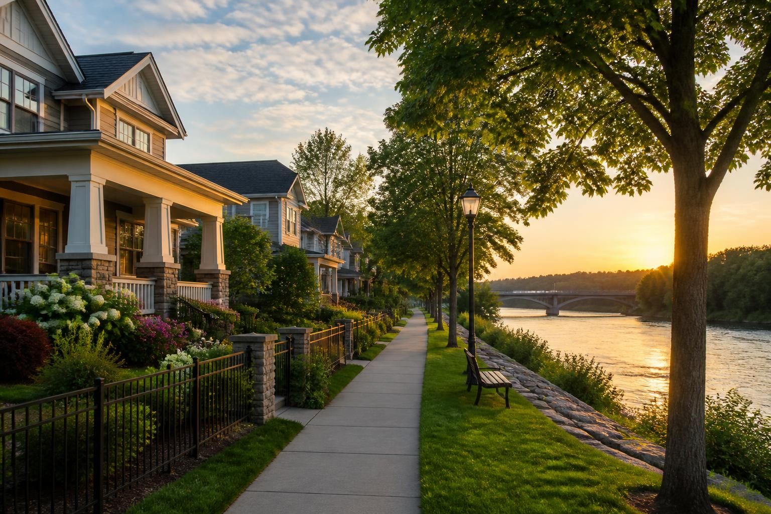 Well-kept homes and trees near a calm river setting.