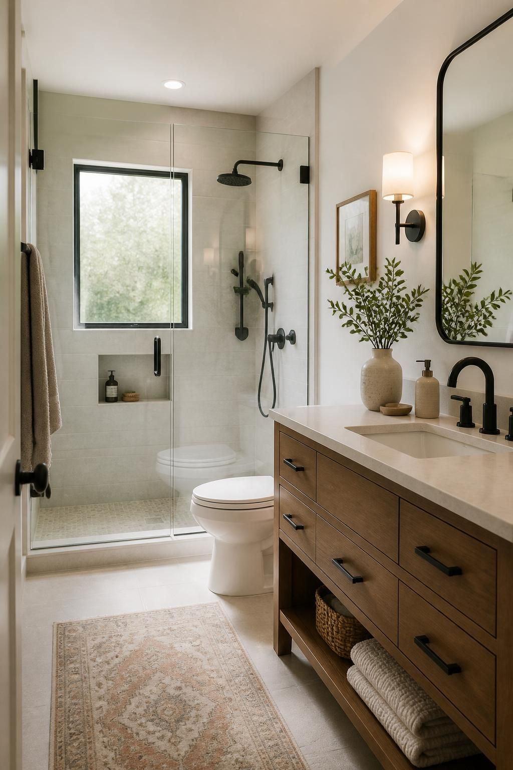 Modern remodeled bathroom with tiled shower and elegant vanity.