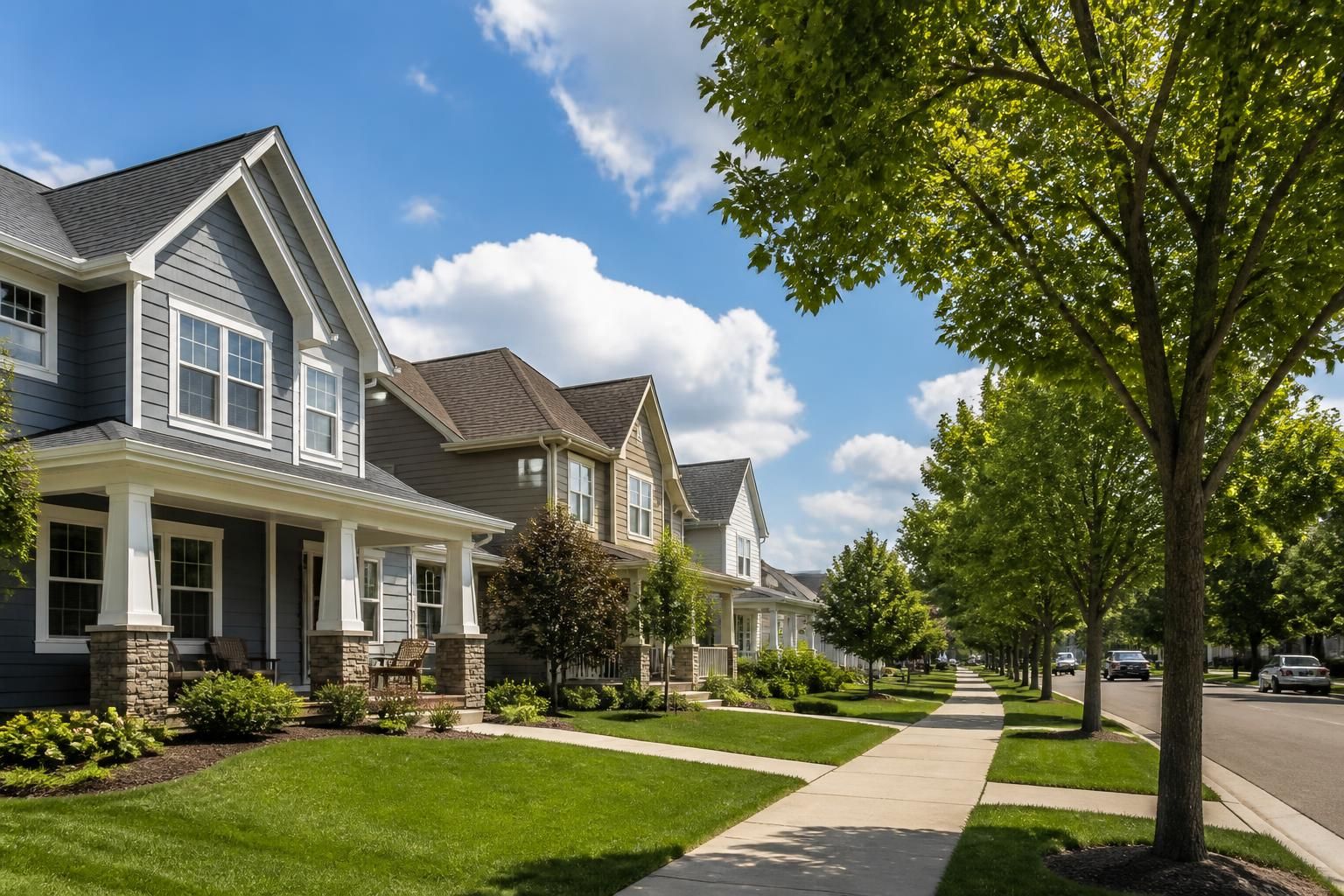 Tree-lined suburban street with tidy homes in Monticello.