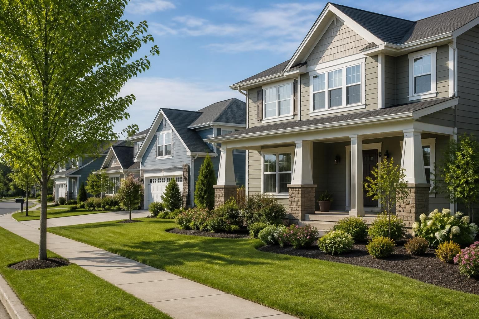 Spacious suburban homes with neatly maintained lawns in Otsego.