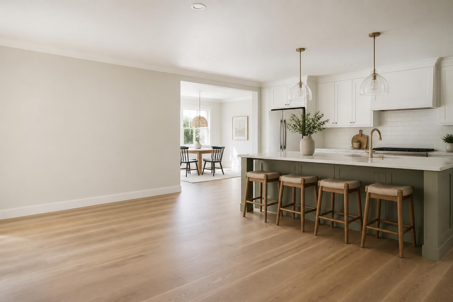 Bright remodeled kitchen with open space for website text.