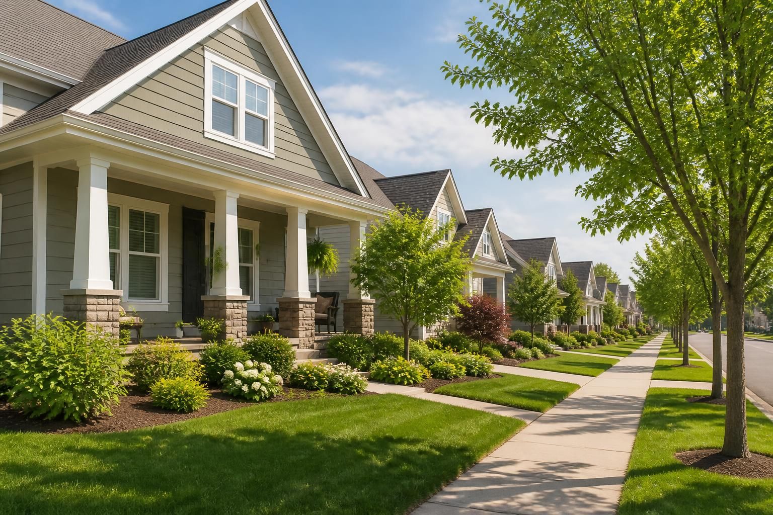 Attractive suburban homes with clean sidewalks and natural light.