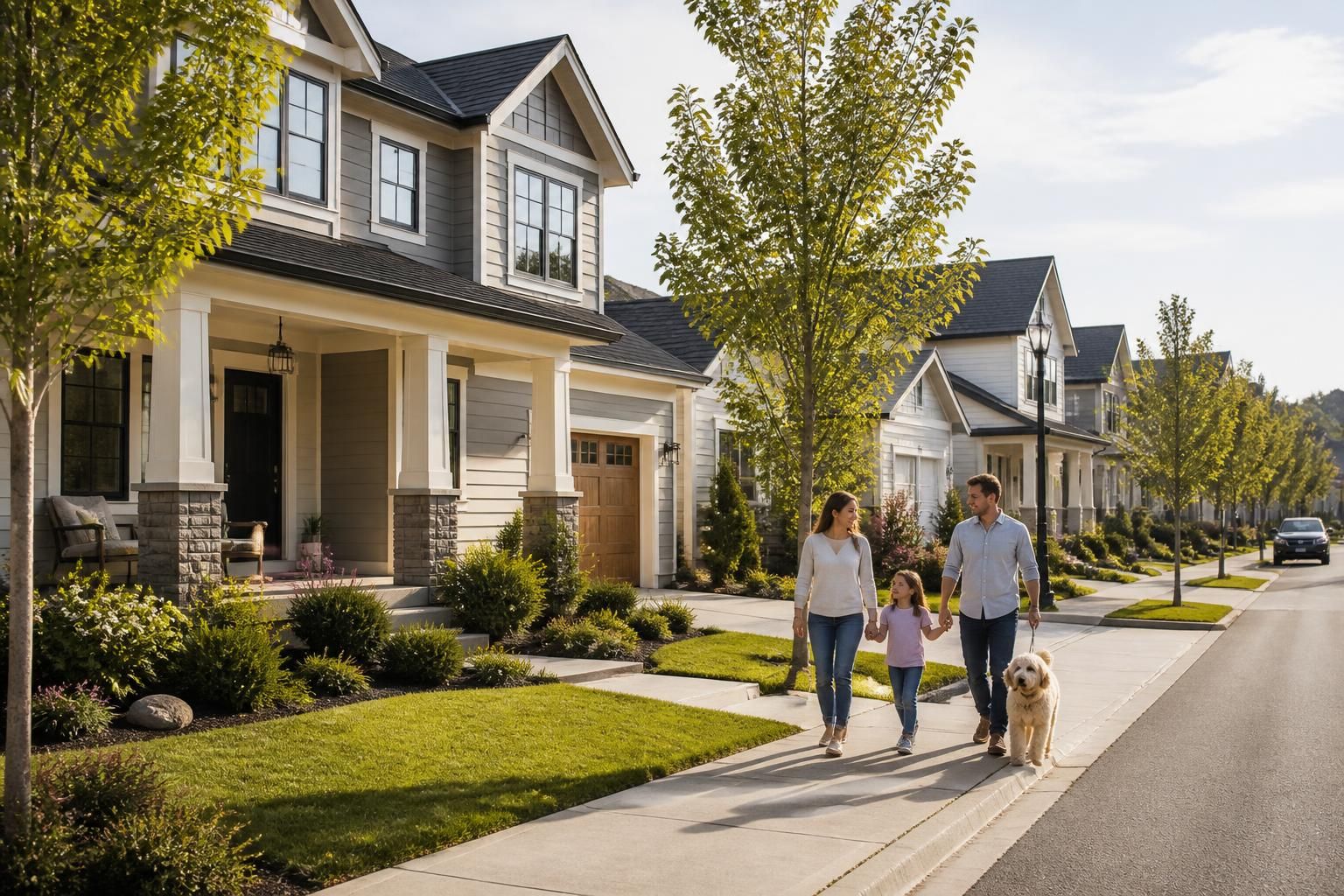 Modern neighborhood homes with landscaped yards and calm street.